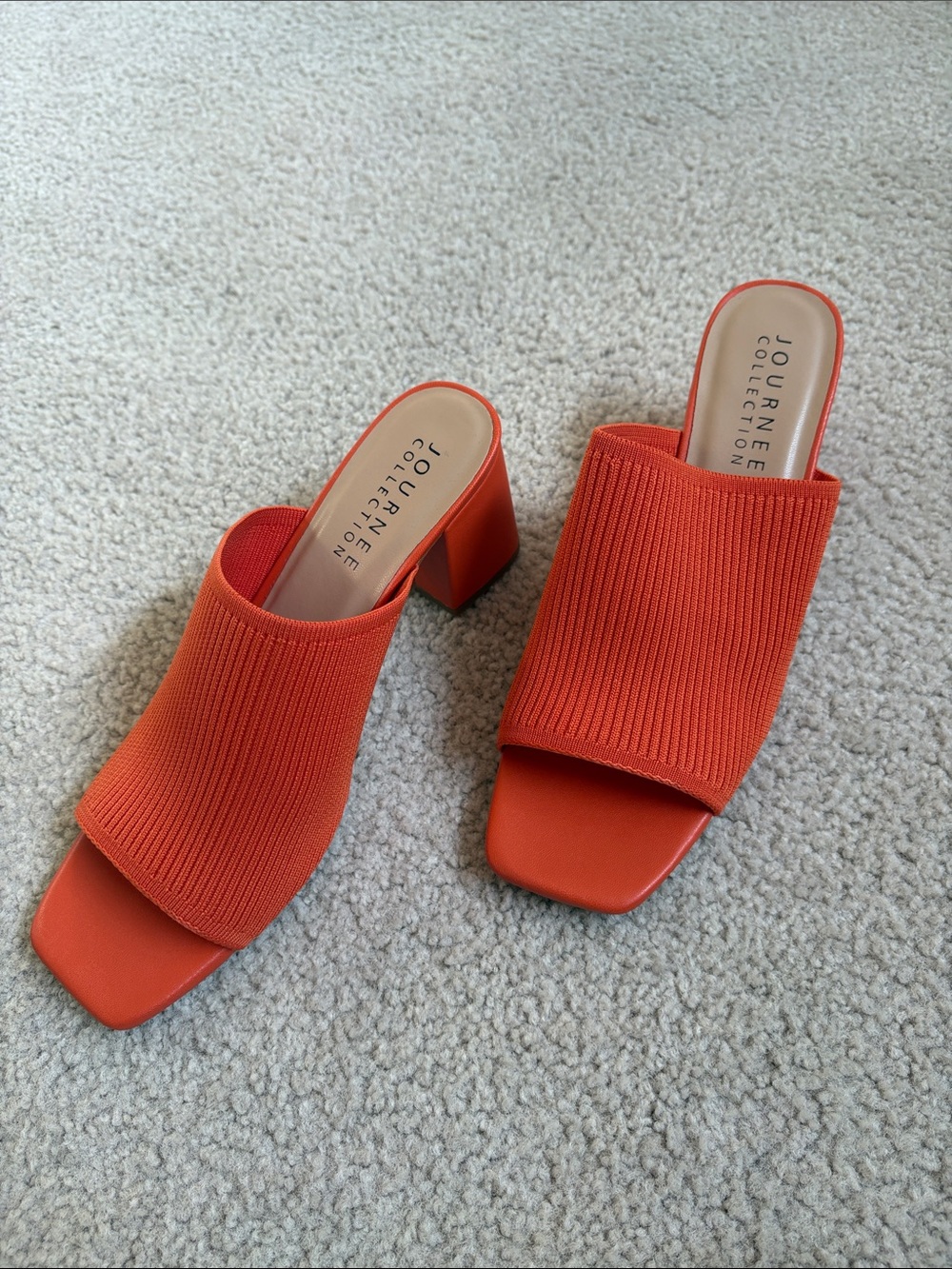 Journee Collection Bright Orange Knit Square-Toe Block Heel Mules